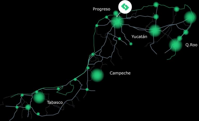 Mapa de los lugares donde opera Servicios Procargo del Sureste
